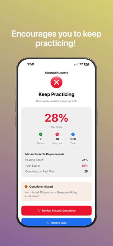Quiz results screen with score breakdown and encouragement